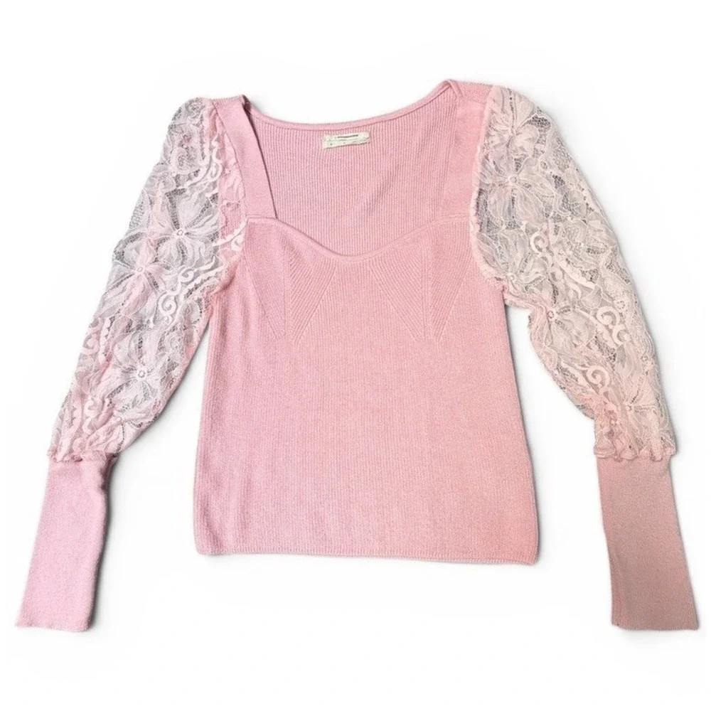 Anthropologie Top Women SP Pink Sweetheart Lace Feminine Romantic Boho Chic Knit